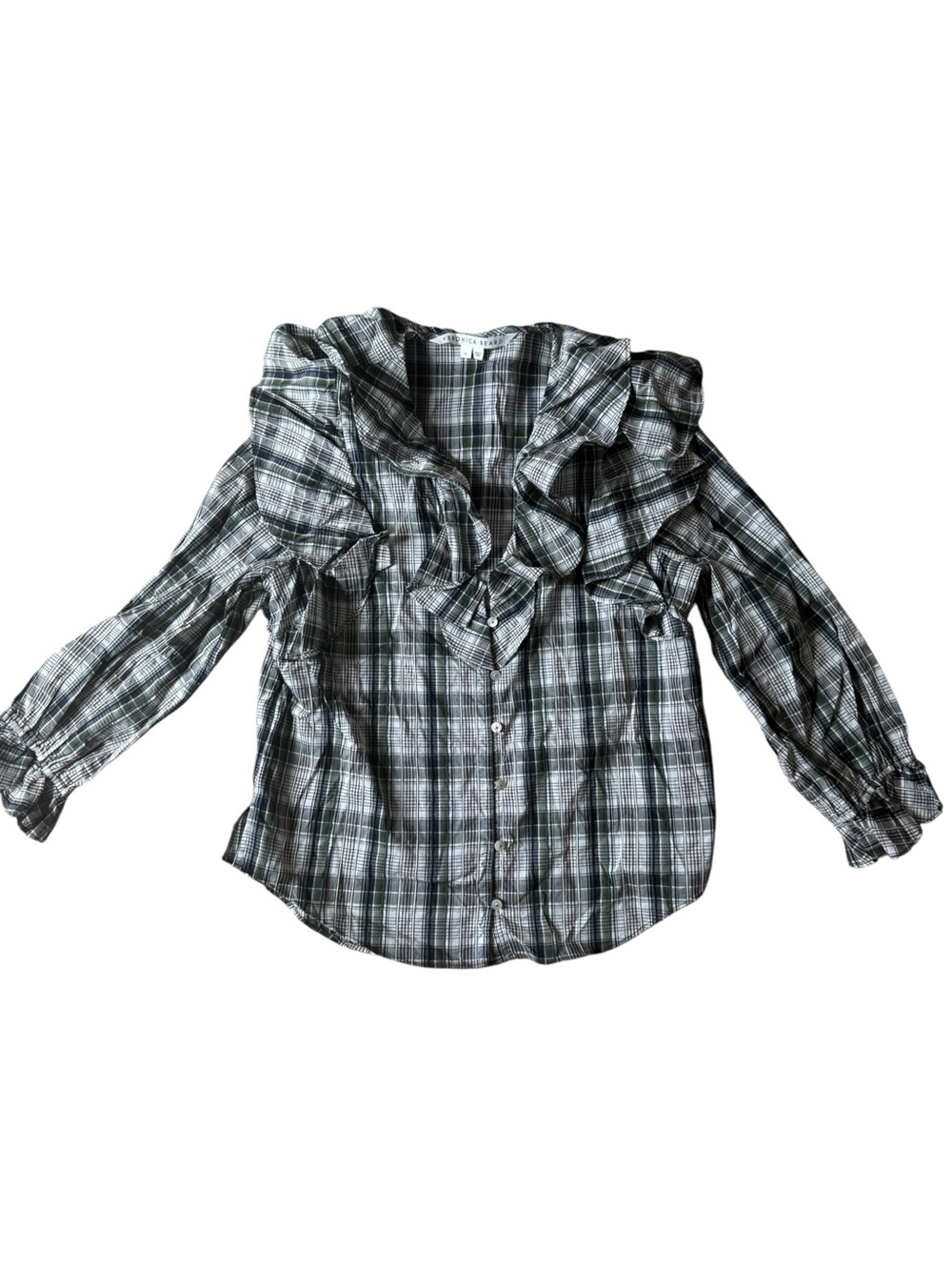 Veronica Beard‎ Green and Navy Plaid Ruffled Itha Top, Size 10